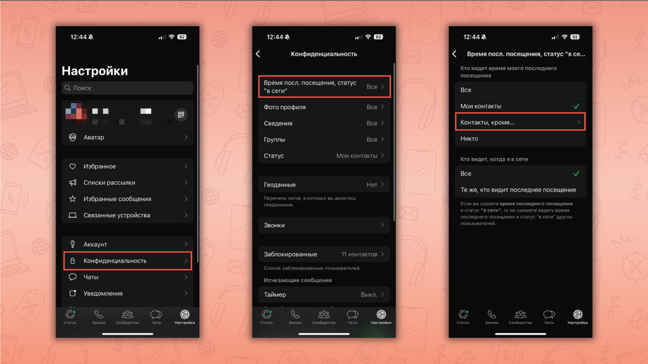 Скриншоты настроек смартфона с пошаговой инструкцией как в WhatsApp скрыть от других людей свой статус «в сети» на iOS