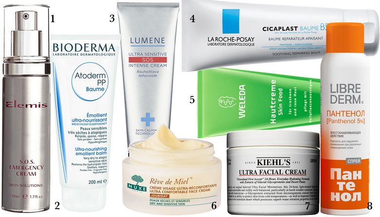 Спасатели, вперед: 1. Крем Elemis S.O.S Emergency Cream, 3738 руб. 2. Бальзам Bioderma Atoderm PP, 728 руб. 3. Крем для чувствительной кожи Lumene SOS Intense Cream, 620 руб. 4. Восстанавливающий бальзам La Roche-Posay Cicaplast Baume B5, 1100 руб. 5. Универсальный крем-маска Weleda Skin Food, 810 руб. 6. Крем для сухой и чувствительной кожи Nuxe Reve de Miel, 2570 руб. 7. Универсальный увлажняющий крем Kiehl's Ultra Facial Cream, 1320 руб. 8. Восстанавливающий спрей Librederm Пантенол, 320 руб.