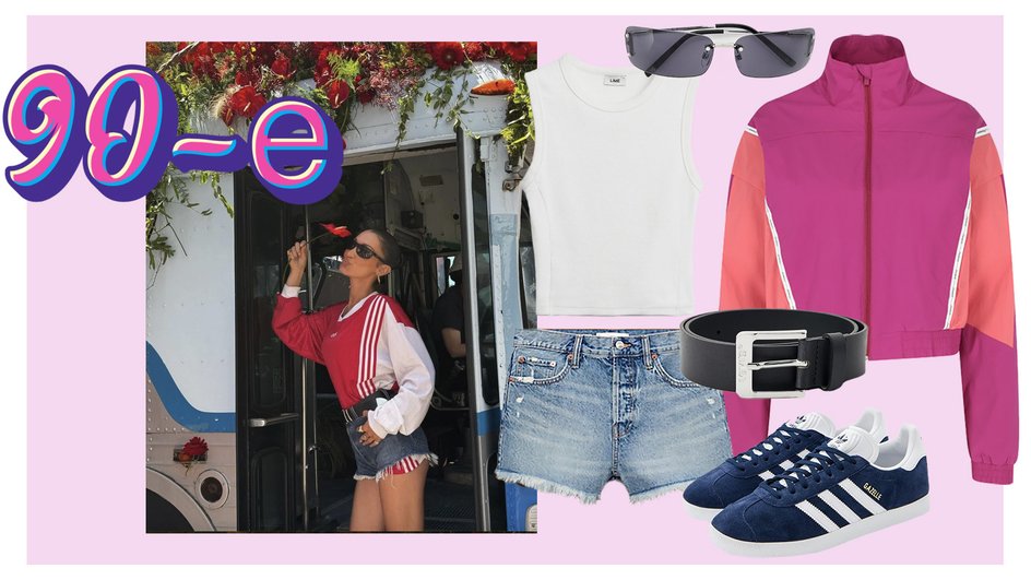 На фото: Белла Хадид (источник: соцсети); топ Lime; ветровка Demix; шорты Mango; кеды adidas; ремень Levi's; очки Vans На фото: Белла Хадид (источник: соцсети); топ Lime; ветровка Demix; шорты Mango; кеды adidas; ремень Levi's; очки Vans