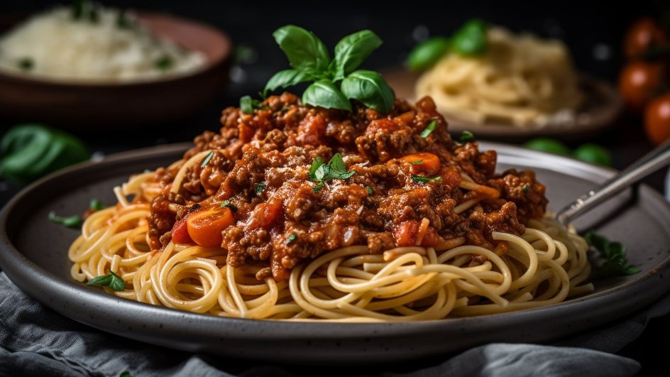 спагетти болоньезе на черной тарелке с листиком мяты