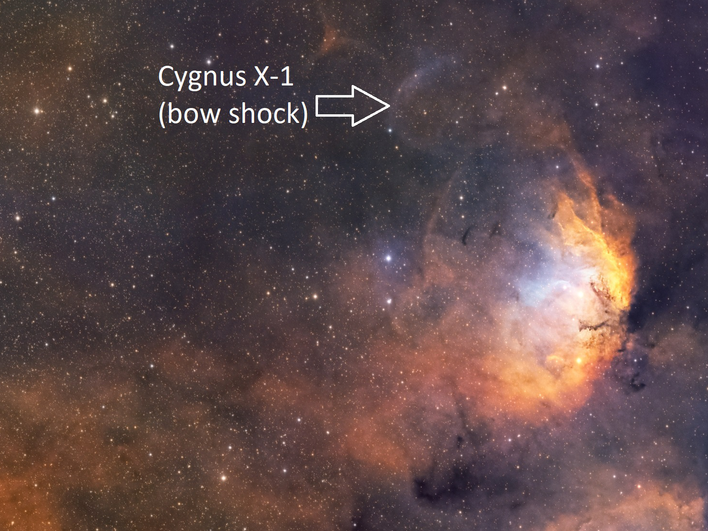 Аккреционный диск черной дыры Cygnus X-1 взаимодействует с окружающим веществом в межзвездном облаке и создает в нем ударную волну (показана стрелкой)