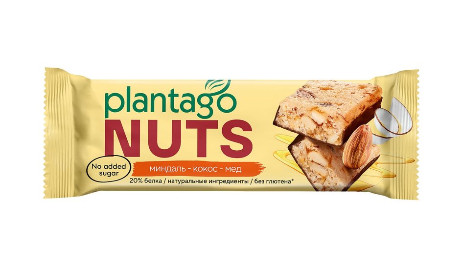 Протеиновый батончик фирмы PRIMECRAFT серии Plantago NUTS вкус Миндаль-Кокос-Мед Протеиновый батончик фирмы PRIMECRAFT серии Plantago NUTS вкус Миндаль-Кокос-Мед