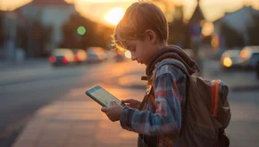 Геолокация ребенка, ребенок с планшетом в руках на улице