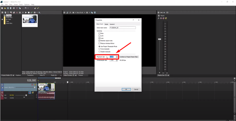 Скриншот параметра «Playback rate» в программе видеомонтажа VEGAS