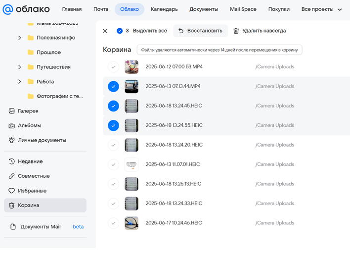Корзина Облако Mail, через которую можно восстановить утраченные объекты Корзина Облако Mail, через которую можно восстановить утраченные объекты