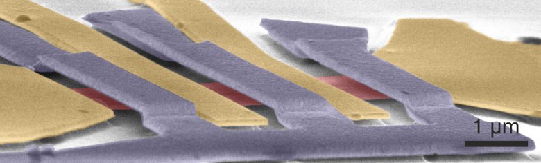 Изображение, полученное с помощью особого электронного микроскопа. Видны свободно плавающие чешуйки графена толщиной в два атома со свободно плавающим металлическим мостиком, парящим над ними. Фото: Fabian Geisenhof / Jakob Lenz