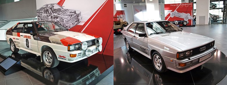 Технологии полного привода quattro дебютировали в ралли в 1980 году и почти сразу пошли в серию. Первой трансмиссию 4х4 получила Audi 80 (на фото справа), а в настоящий момент в гамме ингольштадтской компании нет моделей, не имеющих полноприводных версий (кроме миниатюрного А1)