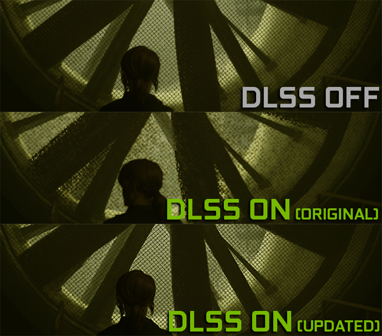 Разница между изображением без DLSS и двумя версиями DLSS. Фото: nvidia.com