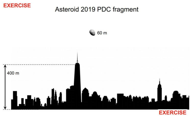 60-метровый астероид выглядит крохотным по сравнению с небоскребами, но сметет их с лица Земли. Фото: Twitter @ ESA Operations