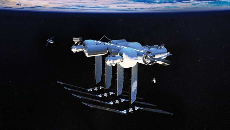 Иллюстрация Orbital Reef, проекта частной космической станции с участием Blue Origin и Sierra Space.