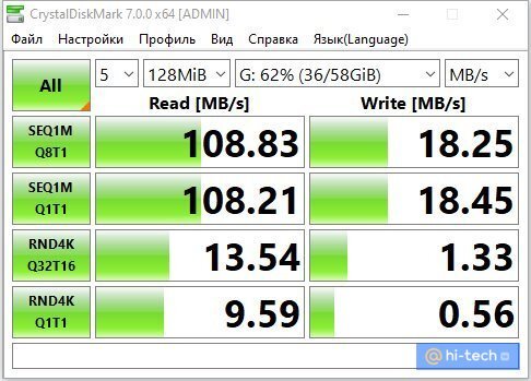 Скорость чтения более 100 МБ/с, это даже немного выше, чем заявлено