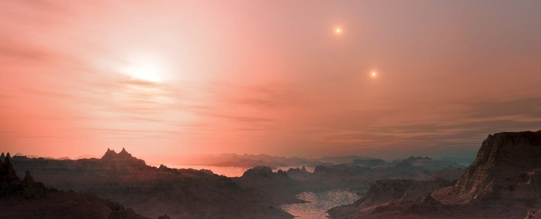 Каменистая экзопланета Gliese 667Cc с тремя звездам в представлении художника. Фото: ESO / L. Calçada