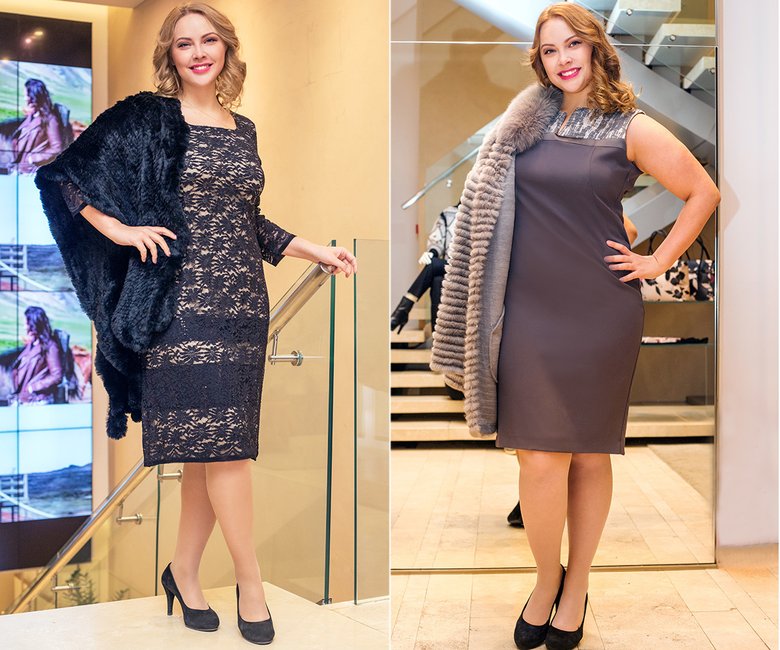 Слева: платье, накидка (все — Elena Miro), туфли — собственность модели; справа: платье, меховой жакет (все — Elena Miro), туфли — собственность модели