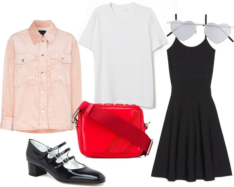 Куртка Isabel Marant; туфли Carel; футболка H&M; очки Saint Laurent; сумка Givenchy; платье Sandro