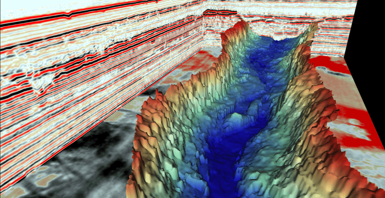 Вот так выглядит долина Северного моря на компьютерной модуляции. Информация о дне моря получена с помощью технологии сейсмического отражения. Фото: Quaternary Science Reviews