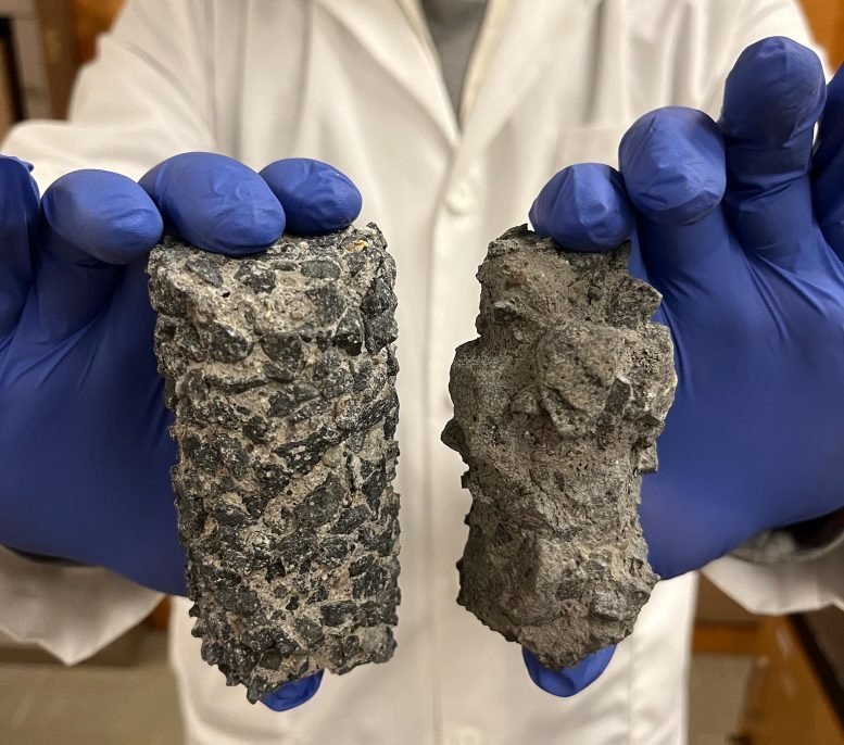 Сравнение образца бетона, покрытого наномодифицированным герметиком (слева), и необработанного бетона (справа). Фото: scitechdaily.com