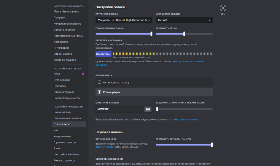 Скриншот экрана компьютера с открытым окном настроек в Discord