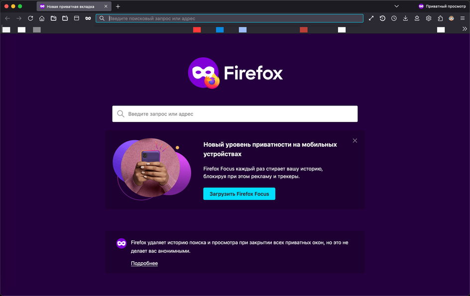 Скриншот браузера Firefox в режиме приватного просмотра