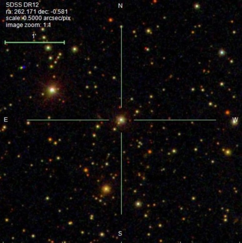 Местоположение недавно идентифицированной черной дыры. Фото: Sloan Digital Sky Survey / S. Chakrabart et al.