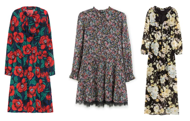 Слева направо: платье c цветочным принтом Trends Brands, 3 490 руб.; платье Mango, 3 999 руб.; платье H&M, 2 999 руб.