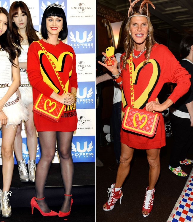 Яркое платье-свитшот из новой коллекции Moschino приглянулось сразу двум звездам: Кэти Перри (слева) и Анне Делло Руссо