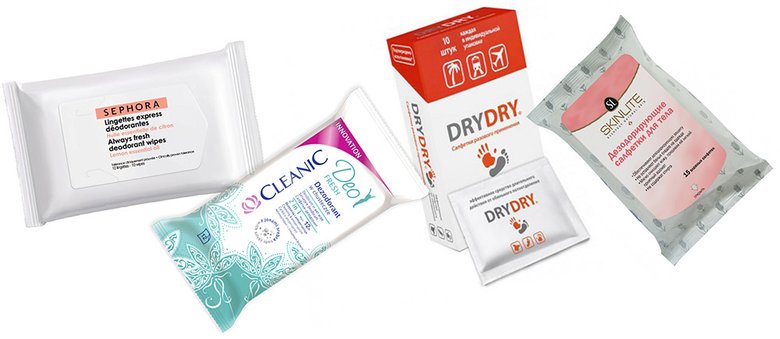 Дезодорирующие салфетки: Always Fresh, Sephora; Deo Freash, Cleanic; Dry Dry; Skinlite.