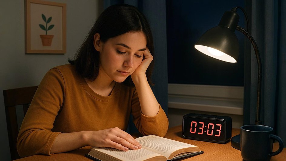 Девушка-Овен читает книгу с часами показывающие 03:03 Девушка-Овен читает книгу с часами показывающие 03:03
