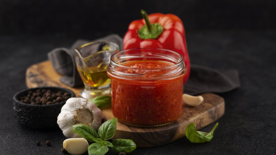 Баночка соуса сацебели стоит на столе рядом с головкой чеснока, черным перцем и красным болгарским перцем Баночка соуса сацебели стоит на столе рядом с головкой чеснока, черным перцем и красным болгарским перцем