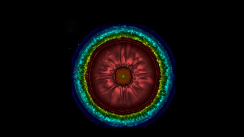 Трехмерное моделирование экзотической сверхновой показывает турбулентные структуры, возникающие во время выброса материала при взрыве.