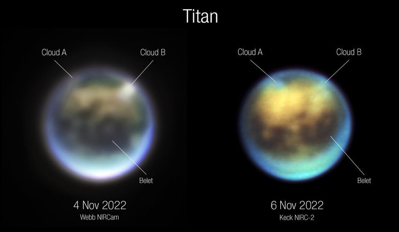 Изменение формы облаков. Снимки телескопов «Джеймс Уэбб» (слева) и «Кек» (справа). Фото: NASA, ESA, CSA, Webb Titan GTO Team, Alyssa Pagan (STScI)