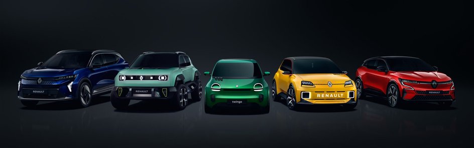 Модельный ряд Renault состоит из Renault Twingo, Renault 5 E-Tech, 4 E-Tech, Megane E-Tech и Scenic E-Tech