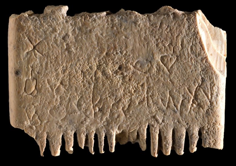 Гребень из слоновой кости небольшой. Его размеры — 3,5 на 2,5 см. Сторона гребня с шестью толстыми зубьями использовалась для распутывания узлов в волосах. На другой стороне было 14 тонких зубьев, обычно ими вычесывали вшей и их яйца. Фото: Dafna Gazit, Israel Antiquities Authority