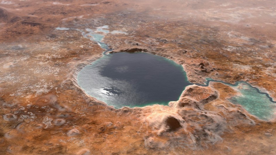 Иллюстрация NASA, показывающая, как кратер Езеро мог выглядеть миллиарды лет назад, когда был озером. Фото: NASA/JPL-Caltech