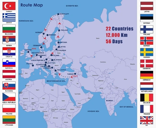 За 56 дней участники тура Bus to London проедут более 12 тыс. км по странам Центральной и Западной Европы, а также Балкан и Скандинавии