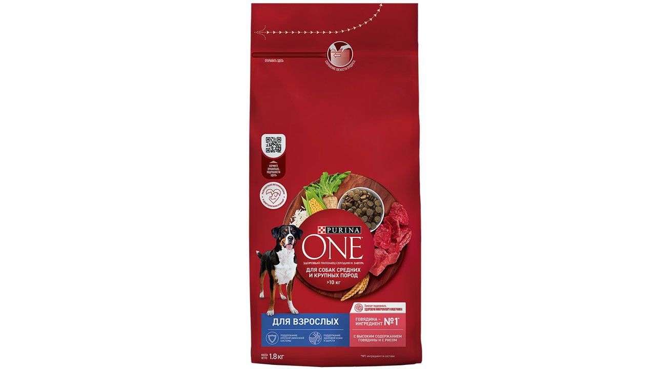 Сухой корм Purina ONE® для взрослых собак средних и крупных пород, с высоким содержанием говядины и с рисом, Пакет, 1,8 кг