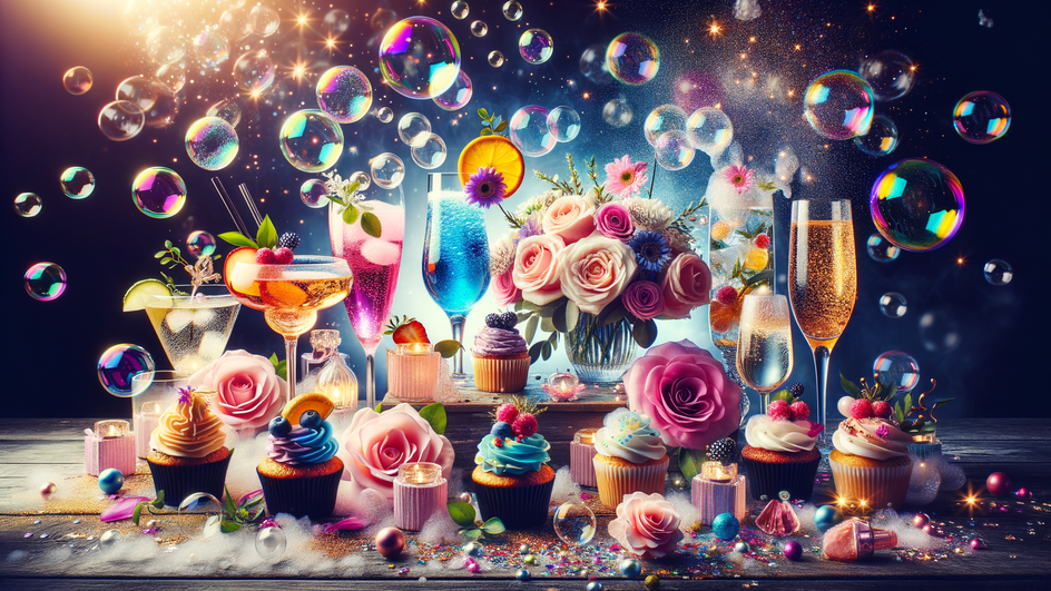 Бокалы с напитками, цветы, пирожные, мыльные шарики.