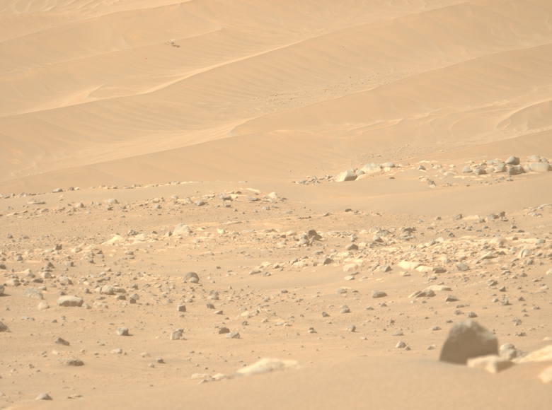 Попробуйте найти марсолет на этом кадре. Спойлер: смотрите наверх. Источник: NASA/JPL-Caltech