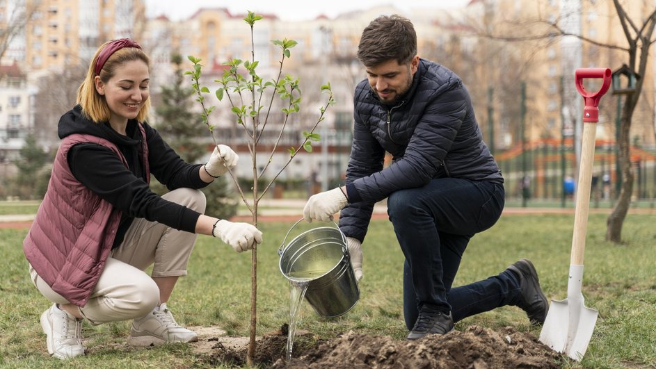 Молодые люди сажают дерево в День эколога Молодые люди сажают дерево в День эколога