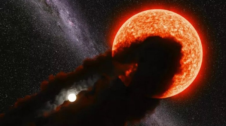 Иллюстрация гигантской звезды, которую затмевает компаньон с диском из пыли. Фото: livescience.com / Anastasios Tzanidakis