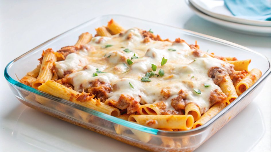 Запеканка с макаронами и мясом лежит в блюде на столе Запеканка с макаронами и мясом лежит в блюде на столе