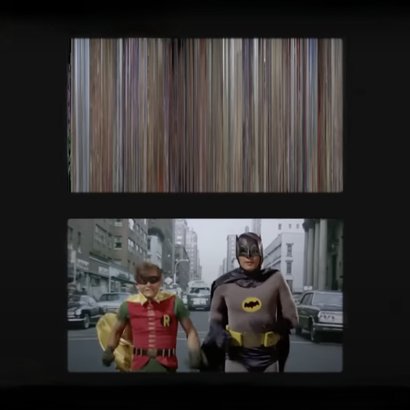 Снизу – кадр из фильма для примера, сверху – общая цветовая палитра всей картины. Да, на второй фотографии есть Бэтмен, но мы его не видим. Фото: YouTube