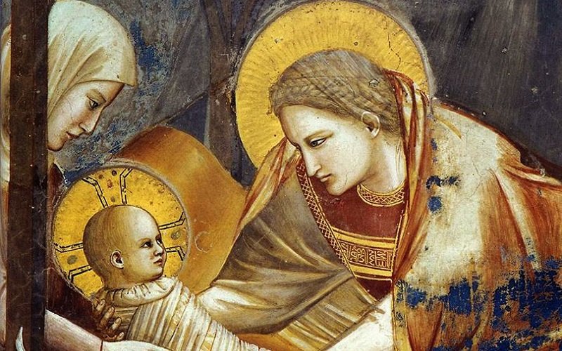 Саломея помогает Богородице пеленать Христа (деталь фрески Рождество Христово в капелле Скровеньи, Джотто, 1266 год)