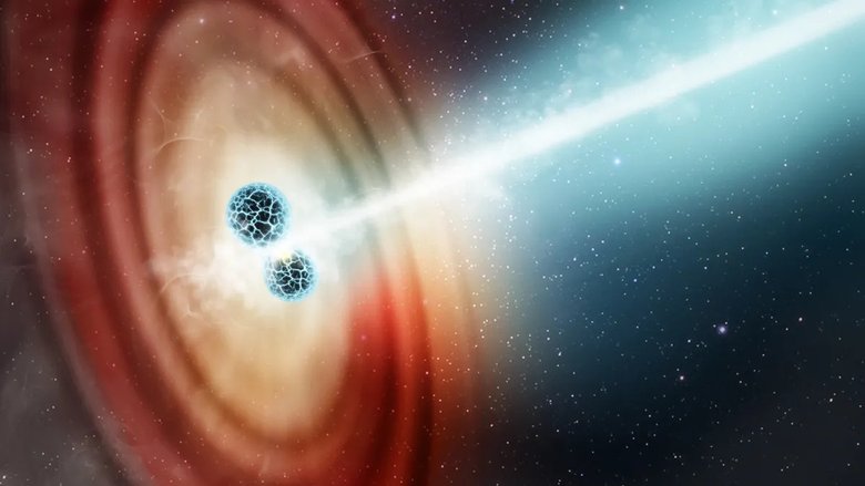 Впечатление художника от столкновения двух нейтронных звезд, в результате которого выбрасывается струя излучения, а магнитные поля удерживают ее в виде узкого луча. Источник: Elizabeth Wheatley (STScI)