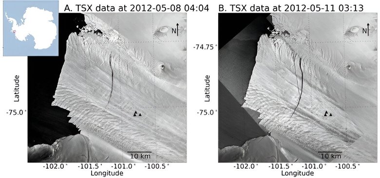 Спутниковые снимки, сделанные 8 мая и 11 мая с разницей в три дня в 2012 году, показывают новую трещину, которая образует букву «Y».