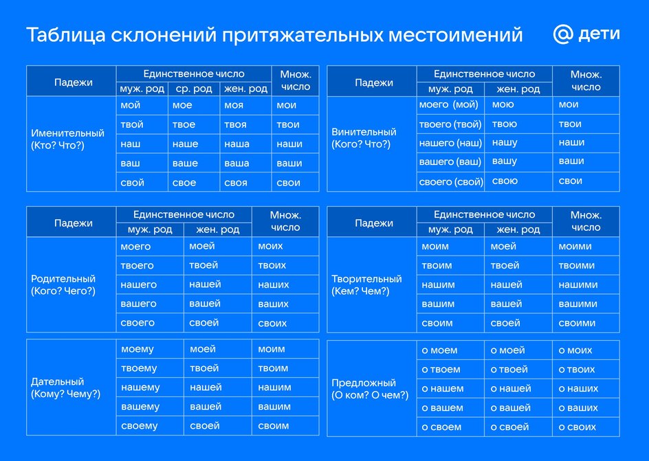 Таблица склонений притяжательных местоимений