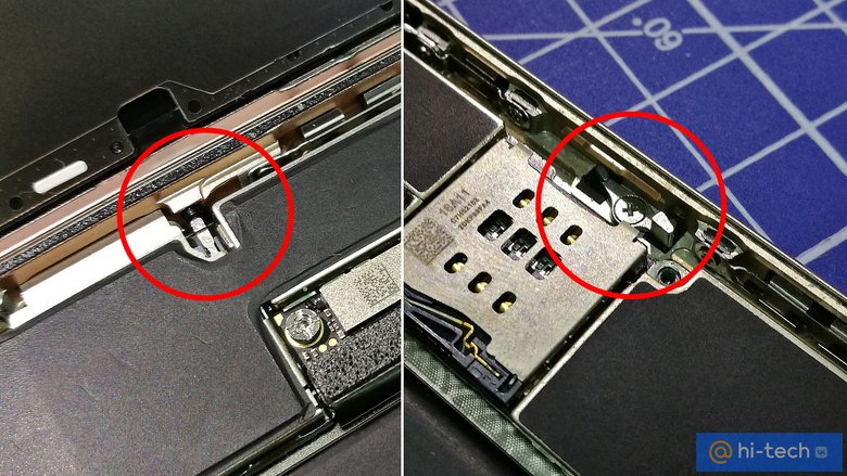 Слева – герметичный лоток SIM и толкательный механизм для извлечения карты в iPhone 7 Plus. Справа – открытый лоток и простенький рычажок в iPhone 6 Plus. Стало сложнее, а значит – это проще сломать.