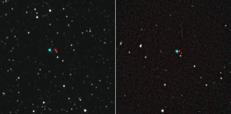 Параллакс Проксима Центавра (слева) и Вольф 359 (справа) на стереоскопическом снимке. Фото: NASA