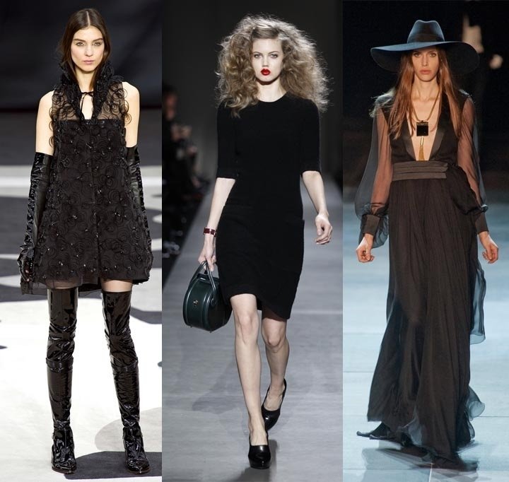 Маленькое черное платье сегодня может быть любым: не полностью черным и даже не слишком маленьким. На фото — показы коллекций Chanel (слева), Marc Jacobs (в центре) и Saint Laurent (справа)