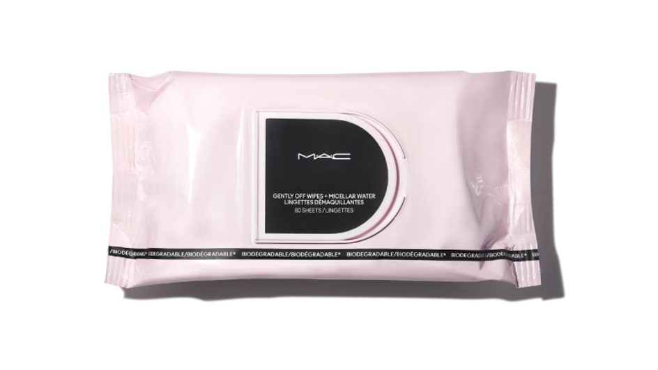 Биоразлагаемые влажные салфетки для снятия макияжа фирмы MAC серия Gently Off Wipes + Micellar Water в упаковке с пластиковой крышкой