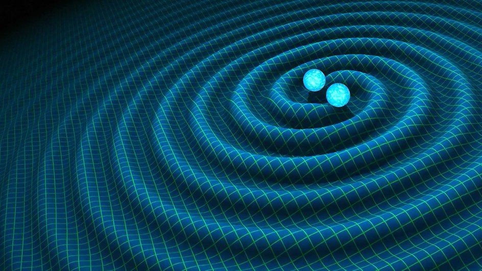 Гравитационные волны от взаимодействия нейтронных звезд (художественная иллюстрация)
